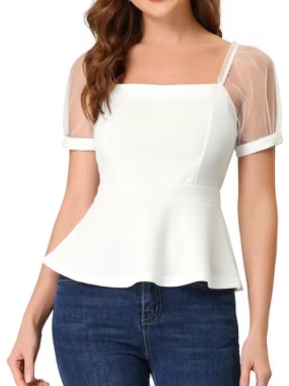 Allegra K White Square Neck Peplum Top with Sheer Short Sleeves